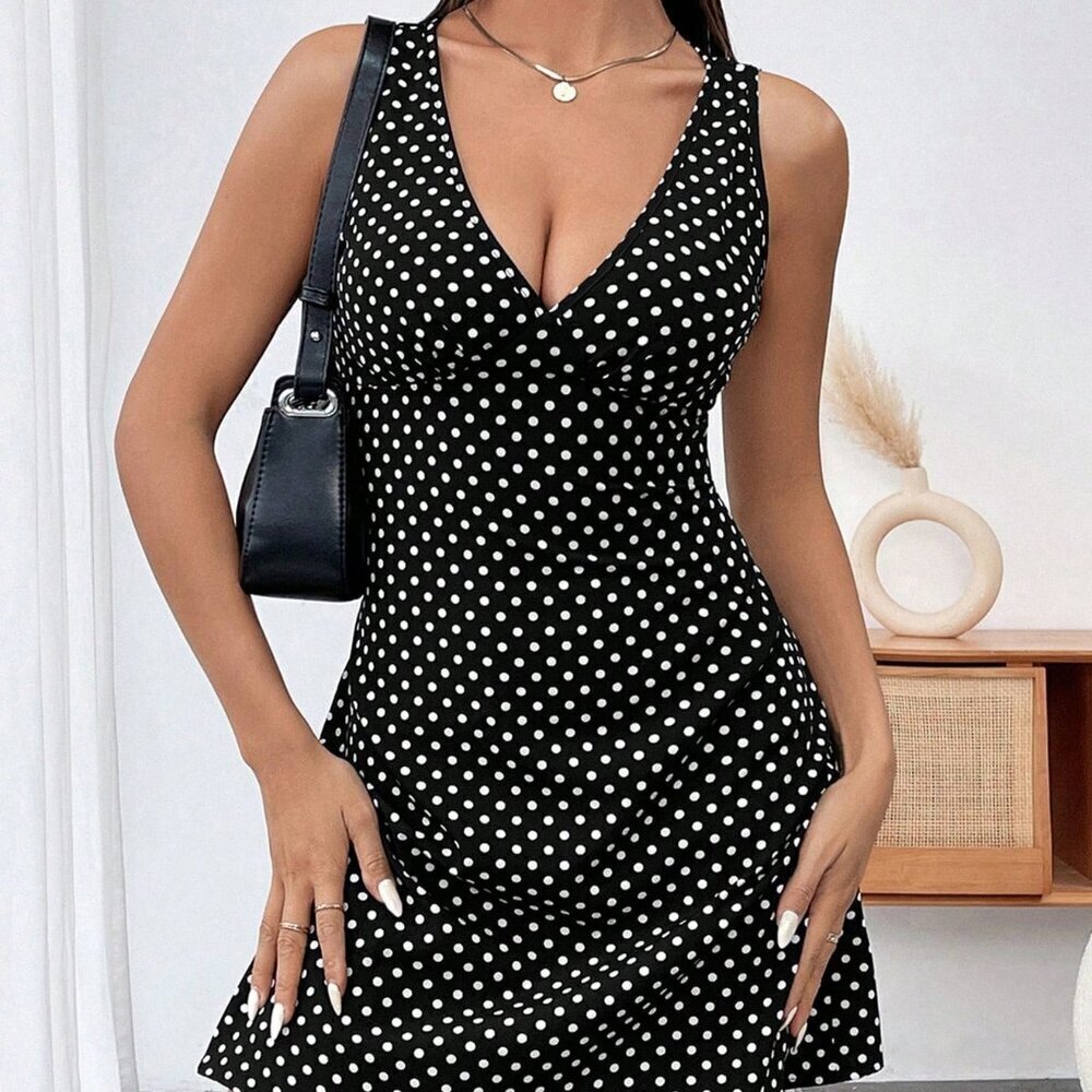 Casual Women's Polka Dot V-Neck Sleeveless Mini Dress Balck white